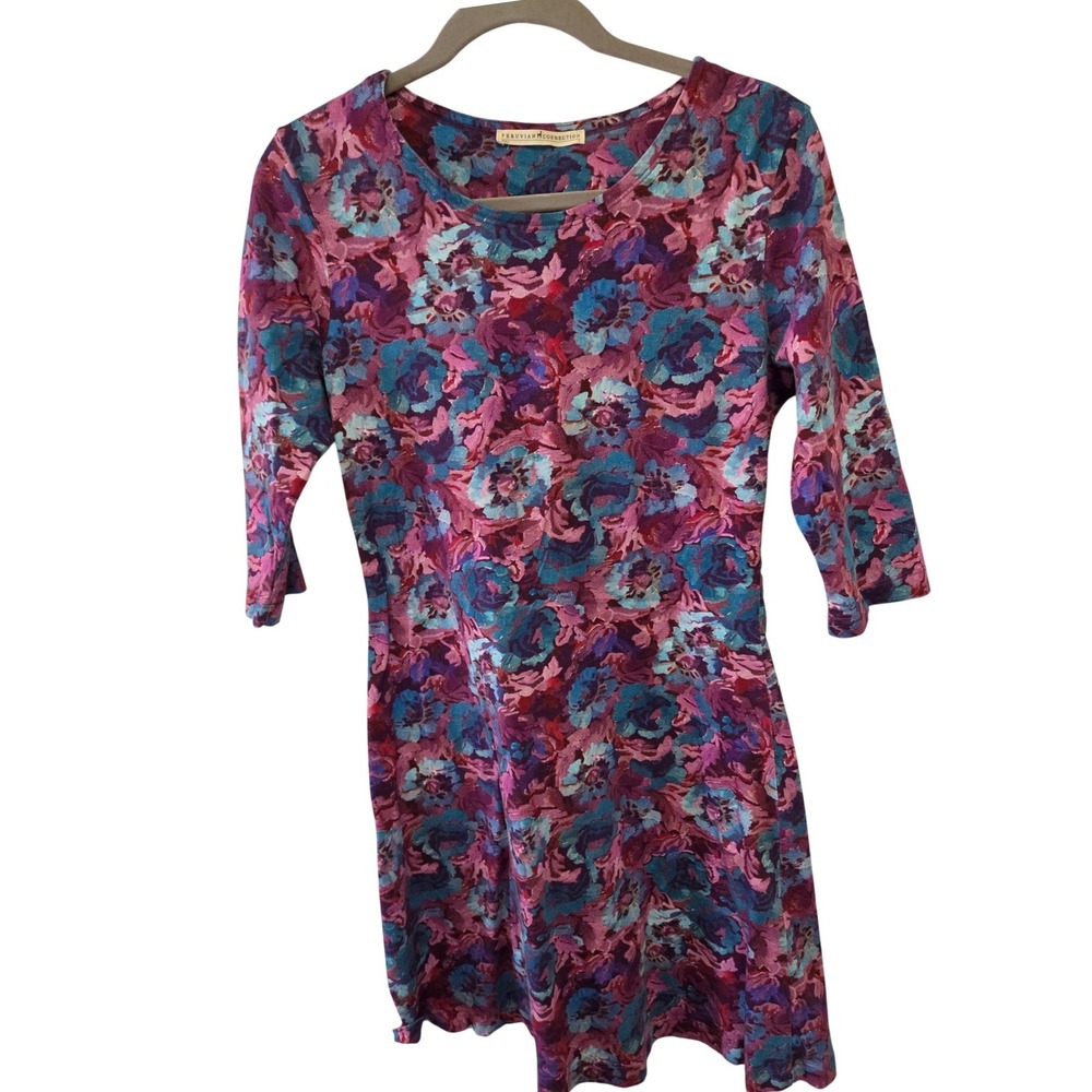 Peruvian Connection Floral Print 3/4 Sleeve Dress Size S Purple Blue Pink